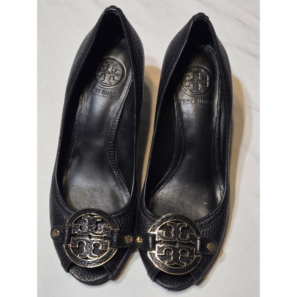 TORY BURCH Amanda Logo Black Pebbled Leather Peep Toes Wedge Heels Sz 7M Classy